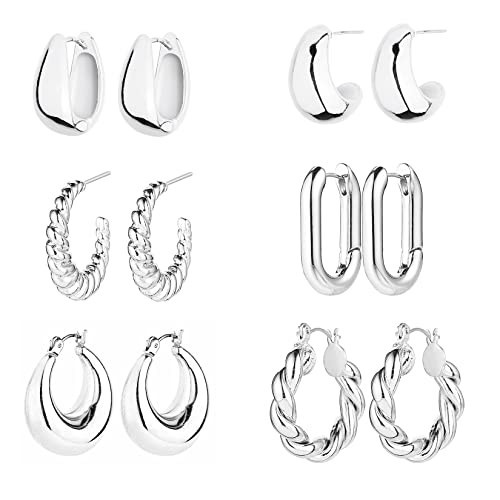 6 Pairs 14K Gold Plated Hoop Earrings for Women Lightweight Chunky Hoop Earrings Multipack Hypoallergenic, Thick Open Twisted Huggie Hoops Earring Set Jewelry for Gifts. (Silver) | Amazon (US)