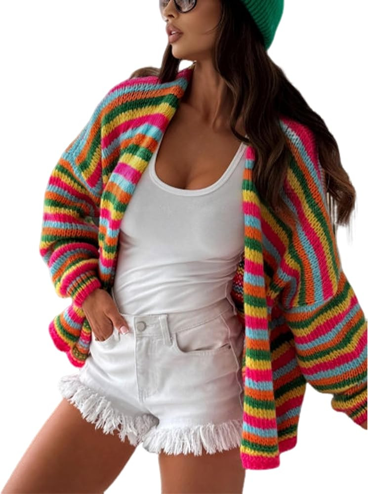 Yeokou Womens Striped Cardigan Sweaters Open Front Lightweight Knit Rainbow Color Block Casual Fa... | Amazon (US)