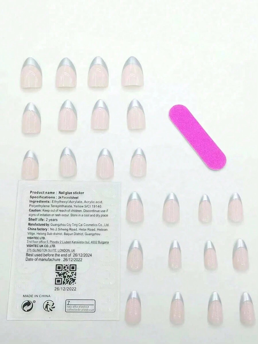 24pcs/Set Short Almond Shaped Minimalist French-Styled Edge False Nails, Easy To Wear - For Stude... | SHEIN
