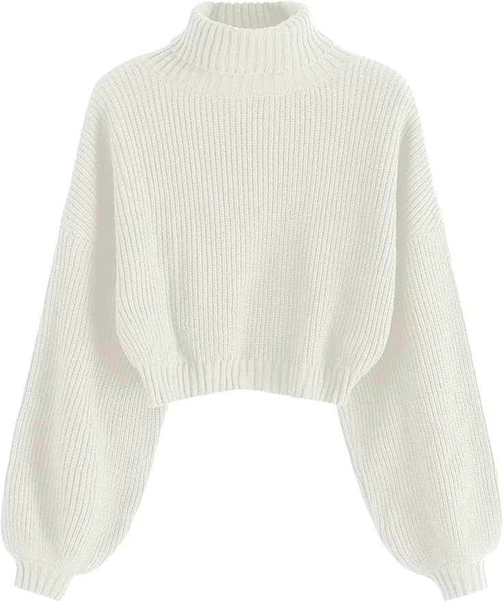 ZAFUL Women's Cropped Turtleneck Sweater Lantern Sleeve Ribbed Knit Pullover Sweater Jumper | Amazon (US)