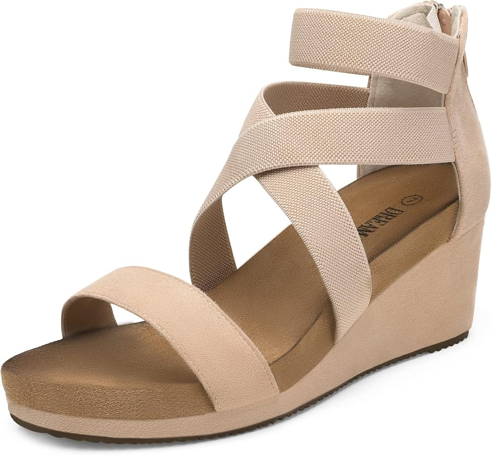 DREAM PAIRS Women's Nude Elastic Ankle Strap Open Toe Platform Wedge Sandals Size 10 M US NINI-3 | Amazon (US)