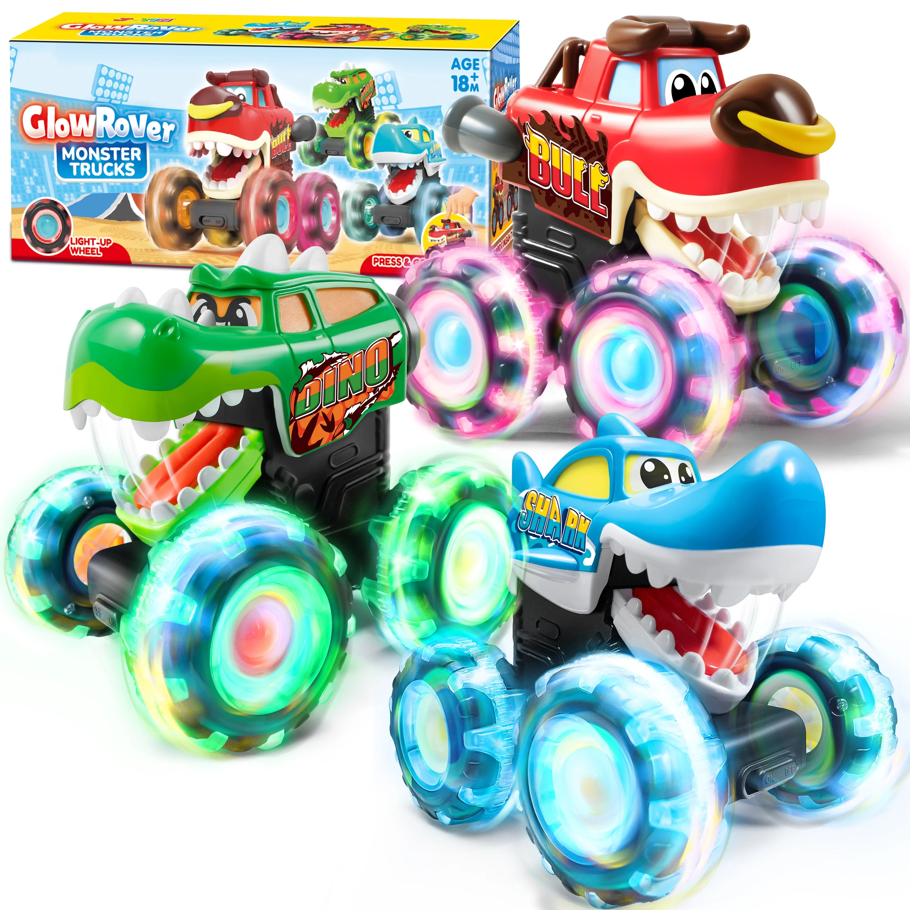 Joyfy 3 Pack Monster Truck Toy for Kids 2 4 - LED Wheels Car Vehicle Press & Go Dinosaur  Toy Tru... | Walmart (US)