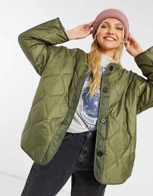 ASOS DESIGN quilted jacket with fleece lining in khaki | ASOS (Global)