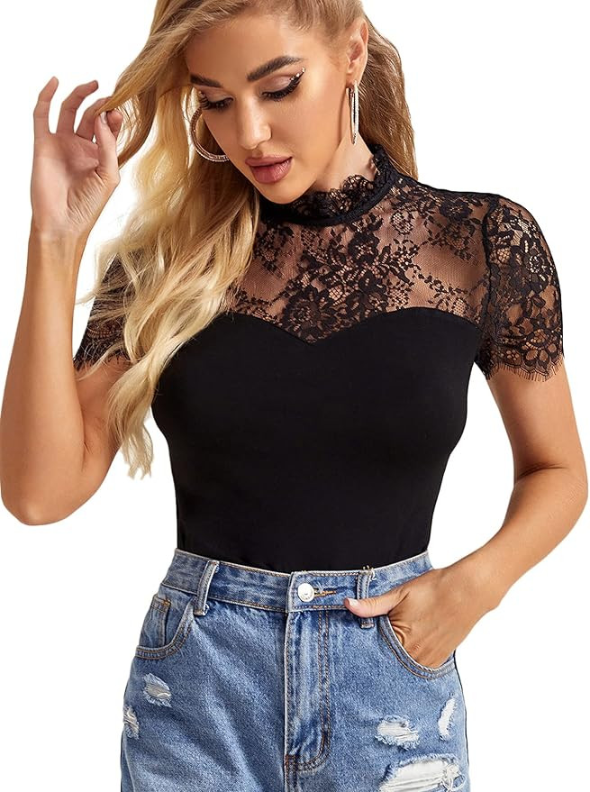 Romwe Women's Lace Short Sleeve Mock Neck Keyhole Back Slim Fit Blouse Tops | Amazon (US)