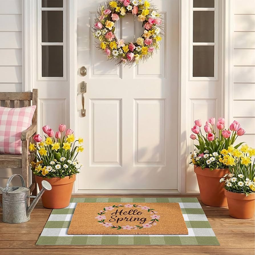 Spring Door Mat Layered Doormat Set, Hello Spring Coir Doormat with Green & White Plaid Layering ... | Amazon (US)