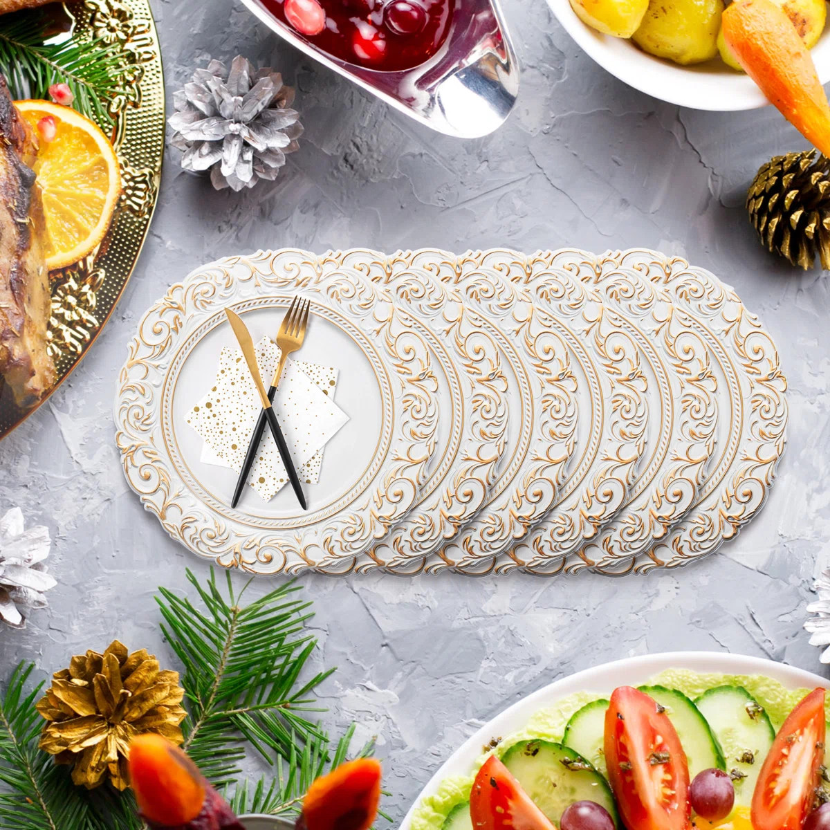 House of Hampton® 6 PCS 13"D Vintage Embossed Plastic White And Gold Plate Chargers & Reviews | ... | Wayfair North America