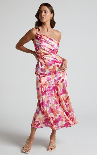 Alyssia Midi Dress - One Shoulder Ruched Satin Dress in Pink Floral | Showpo (US, UK & Europe)