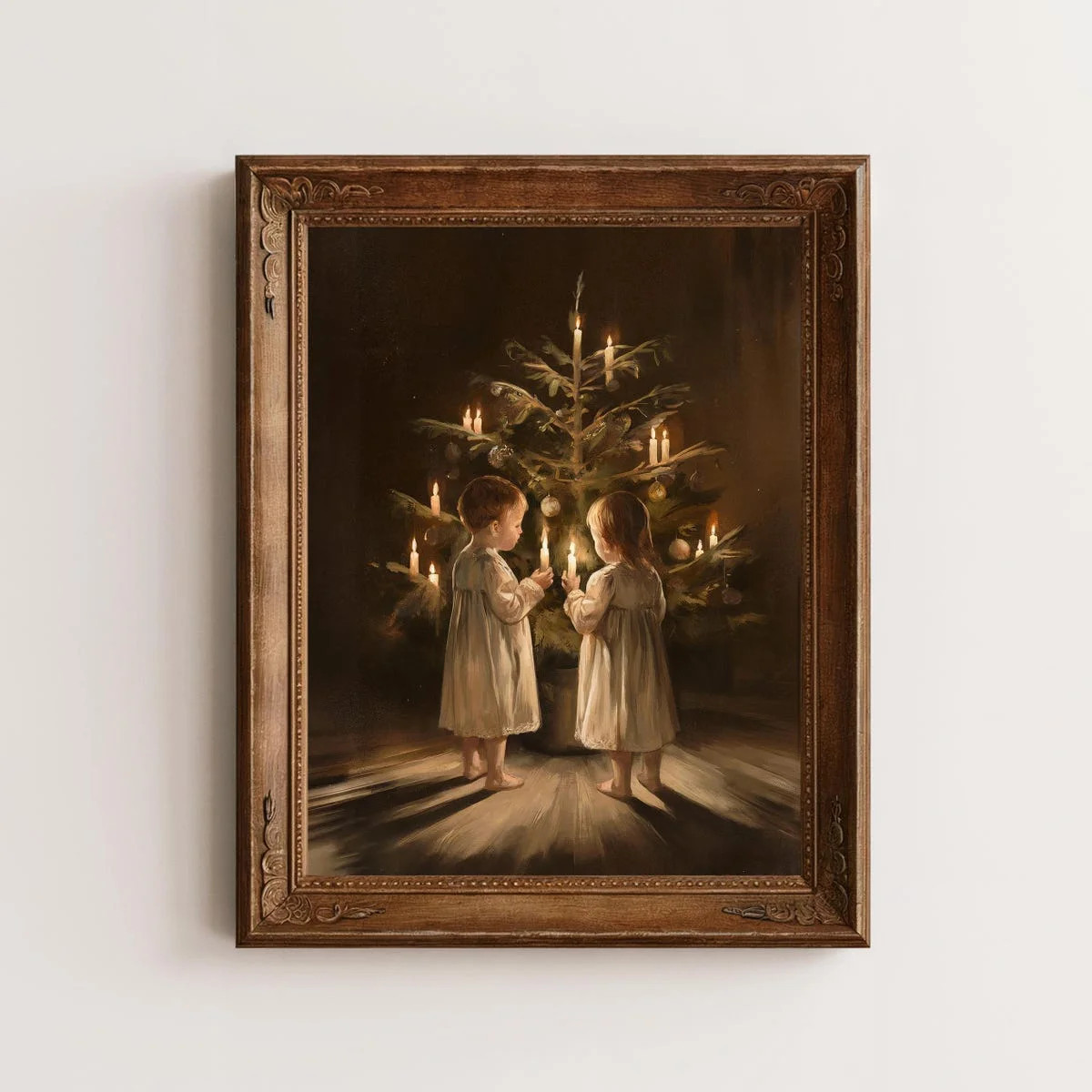 Zuno Christmas Tree Art Print, Children With Christmas Tree Lights Vintage Print, Cozy Winter Hol... | Walmart (US)