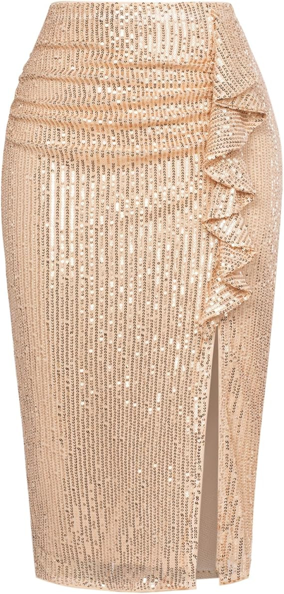 Kate Kasin Sequin Skirt Midi High Waisted Skirt with Side Slit Ruched Bodycon Sparkly Skirt Penci... | Amazon (US)