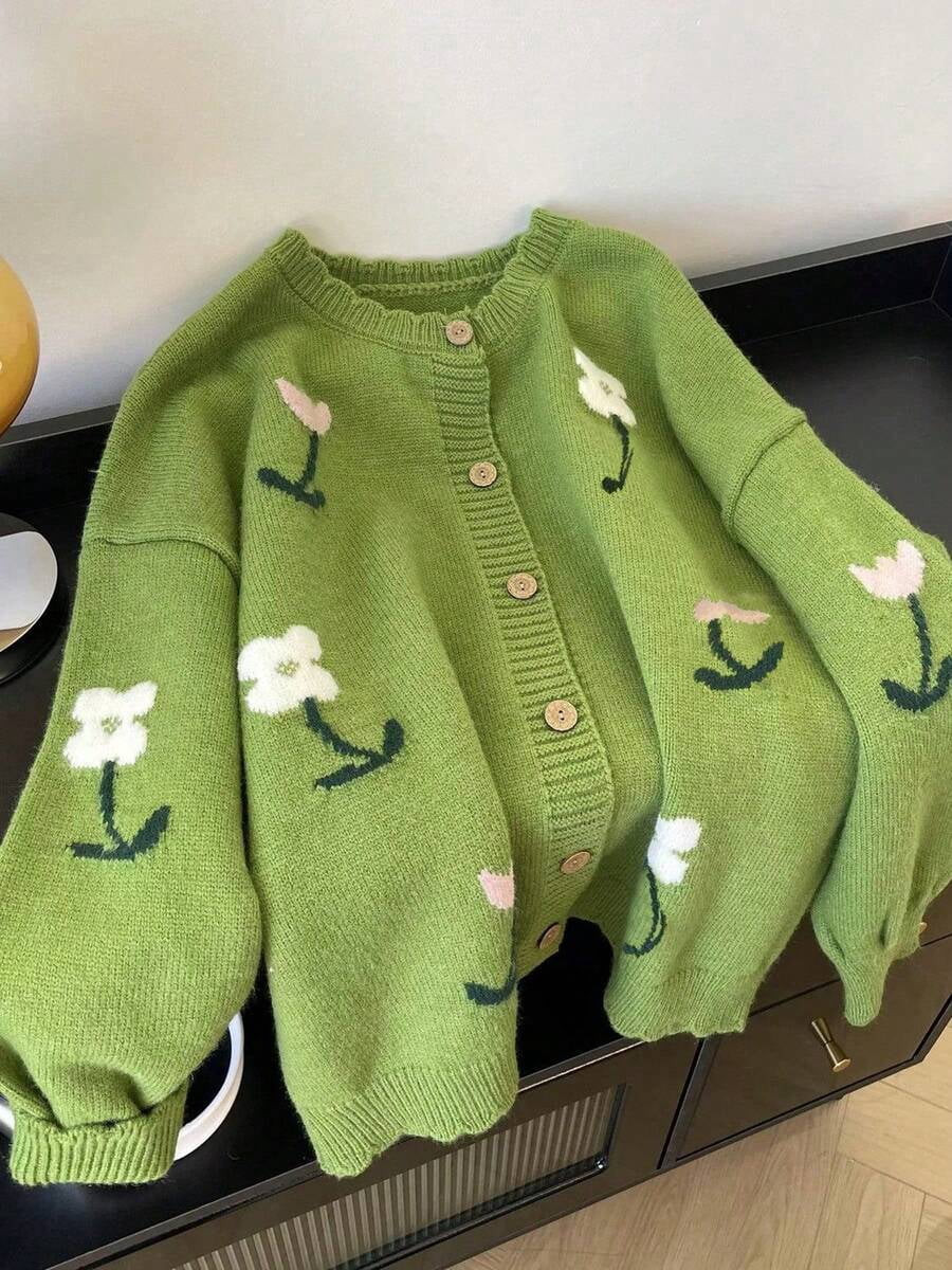Womens Green Floral Knit Cardigan With Buttons For Daily Wear - Walmart.com | Walmart (US)