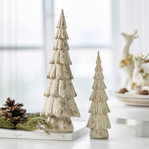 Christmas Tree Figurines, Wood Effect Accented with Gold, Tabletop Xmas Trees Set of 2, Small Decorative Resin Christmas Trees Decorations Indoor, Winer Mantle Decor for Table Centerpieces | Amazon (US)
