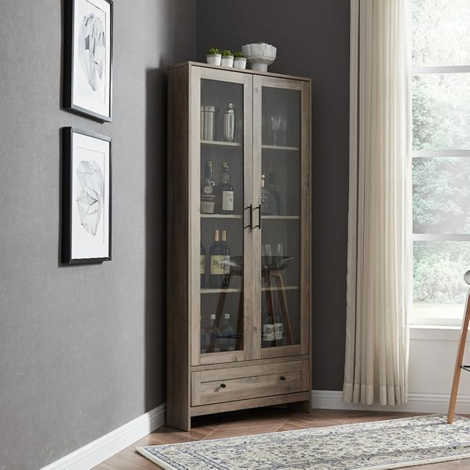 Home Source 71.5" Tall Kitchen Pantry Storage Cabinet with Glass Doors and Shelves, Corner Cabine... | Amazon (US)