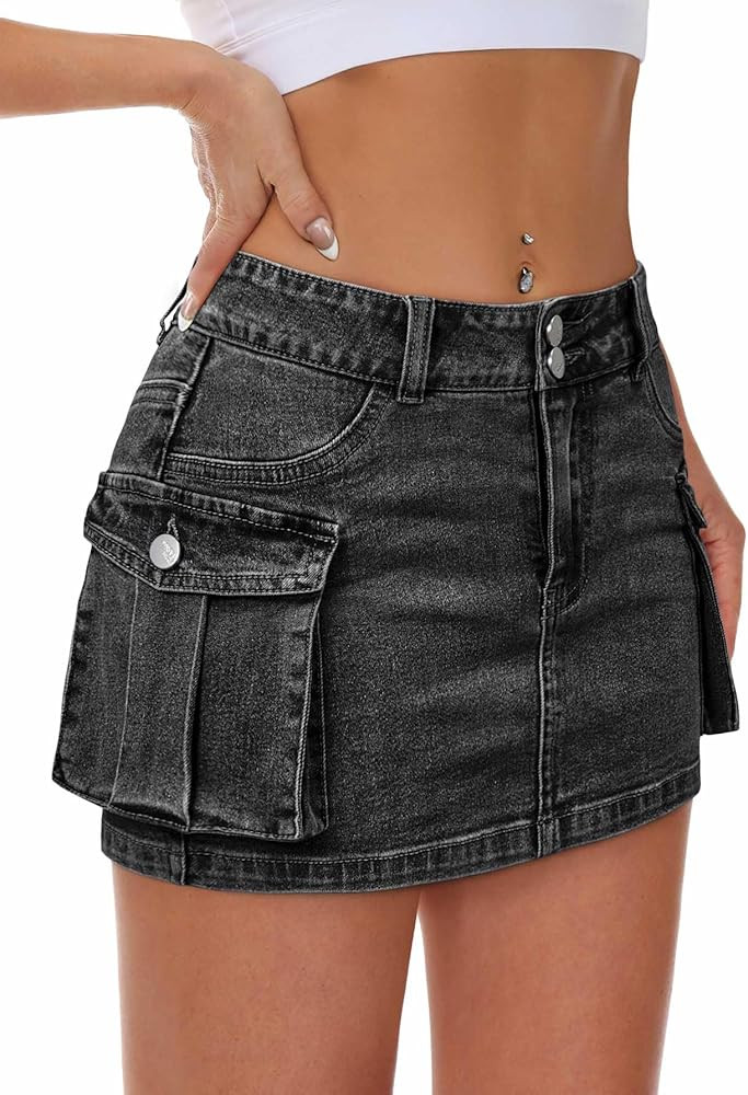 Women Denim Cargo Skirt Mini Low Waist Button Bodycon Y2K Flap Pockets Skirts | Amazon (US)