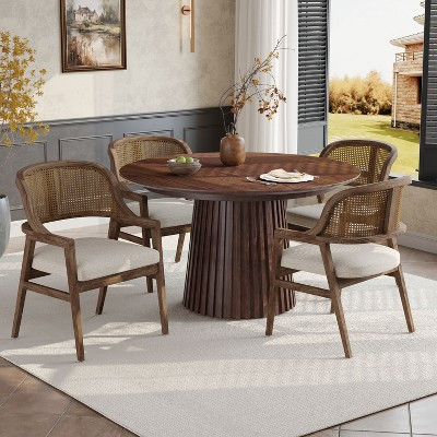 Christopher Knight Home Bennett Mid-Century Modern Wood 5-Piece Extendable Dining Set with Table and 4 Upholstered Cane Back Chairs, Brown/Beige | Target