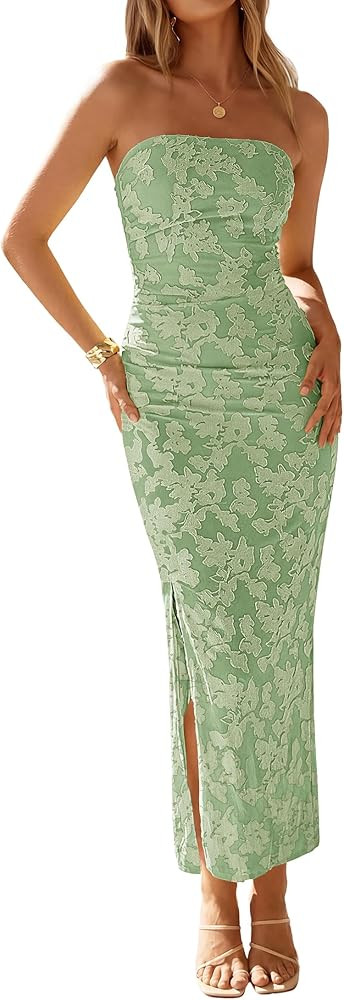 ZESICA Womens 2026 Summer Floral Strapless Maxi Dress Bodycon Side Slit Mesh Formal Cocktail Part... | Amazon (US)