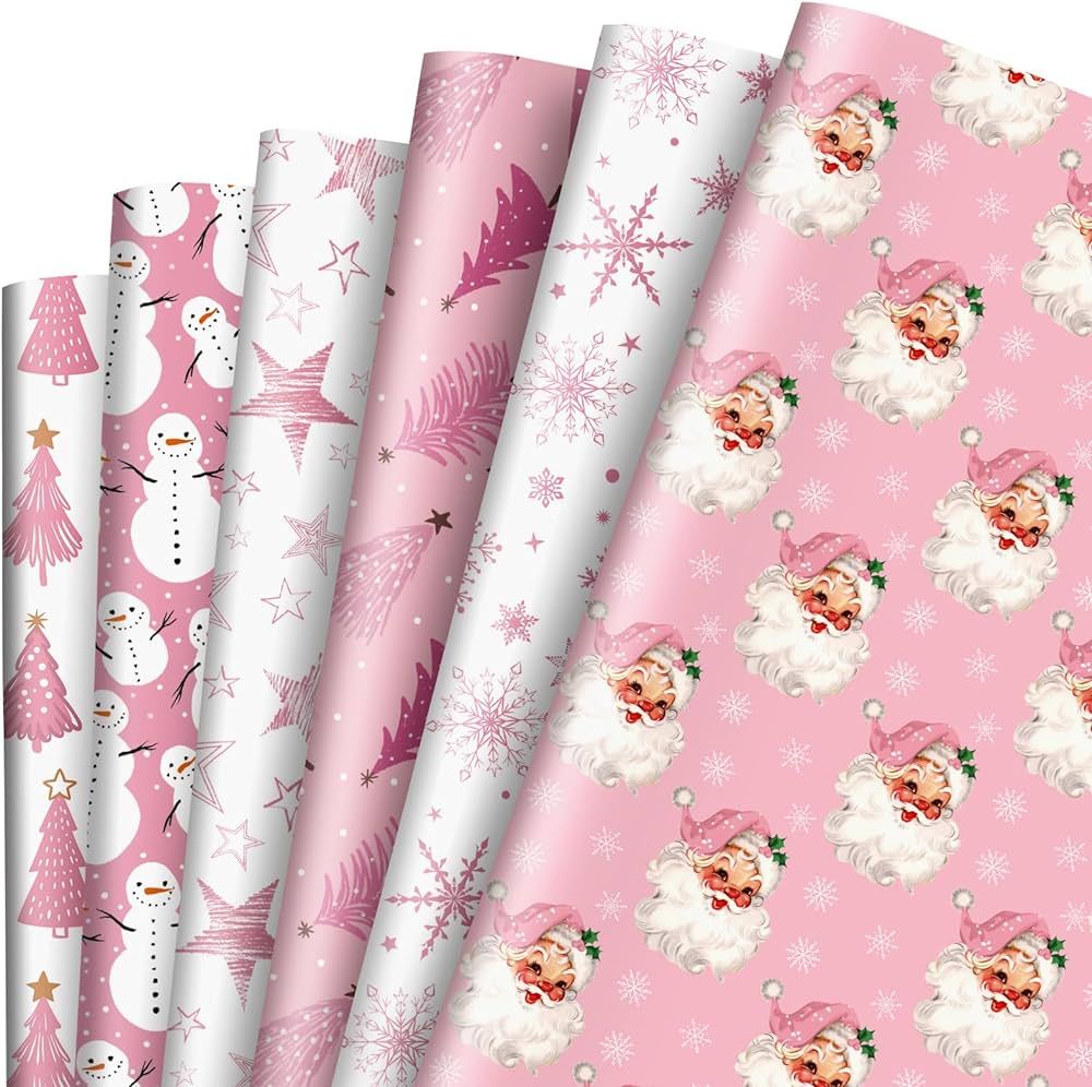 AnyDesign 12 Sheet Pink Christmas Wrapping Paper Santa Snowman Snowflake Star Tree Gift Wrap Pape... | Amazon (US)