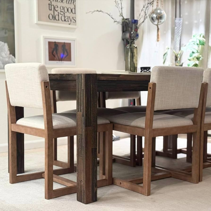 LukeAlon Vintage Linen Dining Chairs Set of 4, Farmhouse Open Back Kitchen Side Chairs with Solid... | Amazon (US)