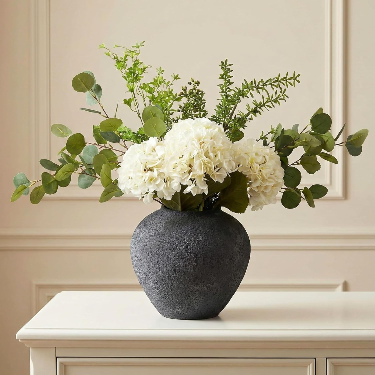 Faux Arrangement - Eucalyptus & White Hydrangea Flowers, Large Artificial Floral Greenery Centerpieces for Tables, Modern Farmhouse Decor for Dining Room, Kitchen & Coffee Table, 30 inches Tall | Amazon (US)