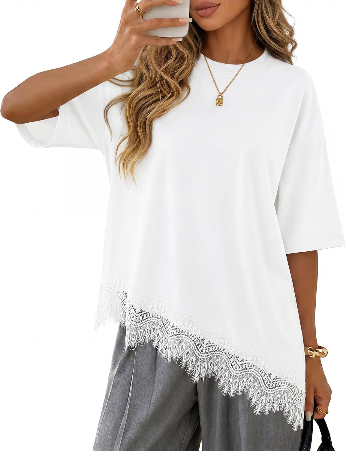 ZESICA Women's Summer Oversized T-Shirts Asymmetrical Lace Going Out Tops | Amazon (US)