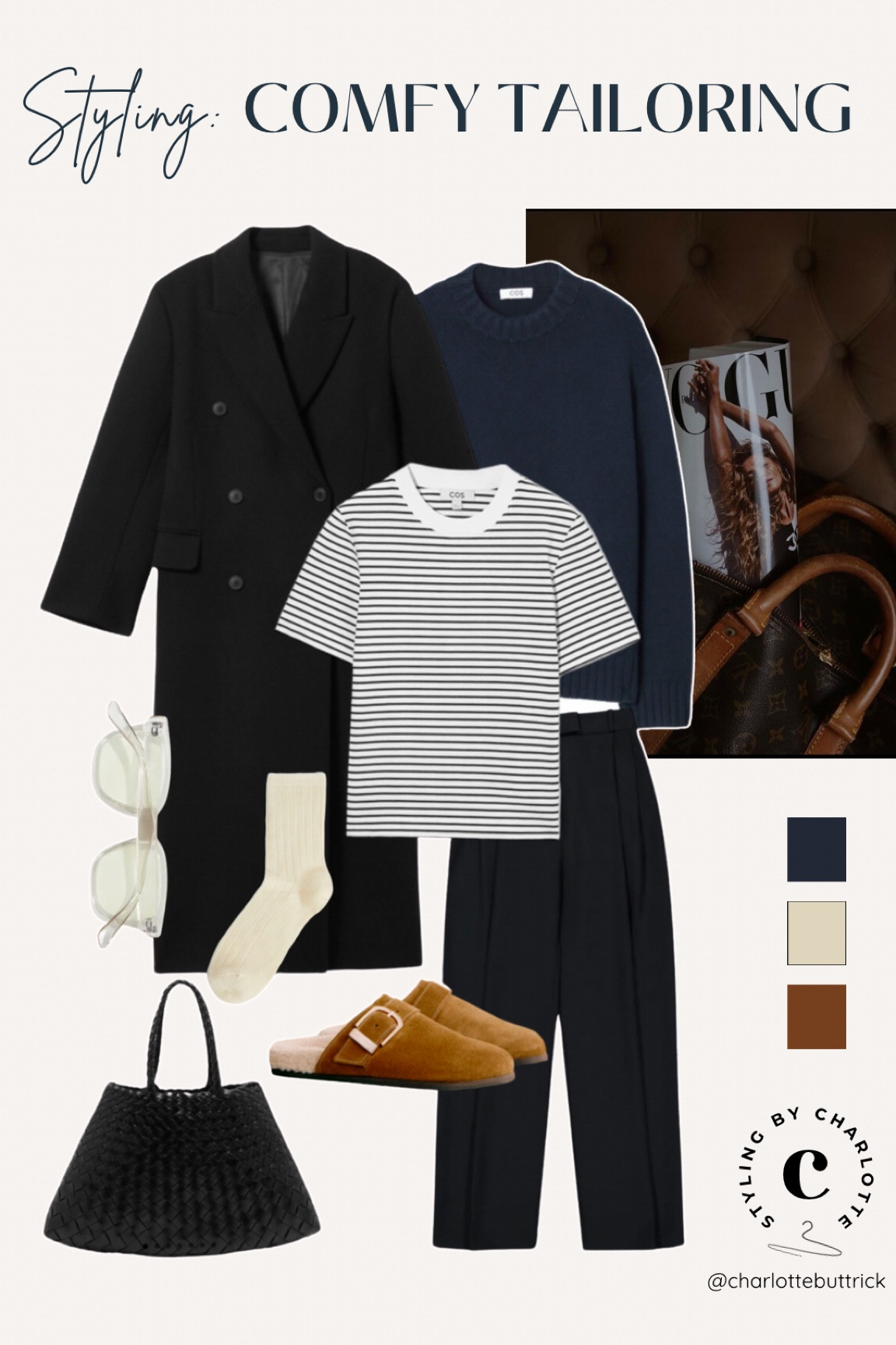 Business casual wfh and school run outfit styling black tailored trousers, a striped t-shirt layered under a navy knit, black wool long coat and suede clogs a smart alternative to Ugg Tazz and Ugg Tasman that are super comfy too. 

#LTKshoes #LTKmodest #LTKworkwear