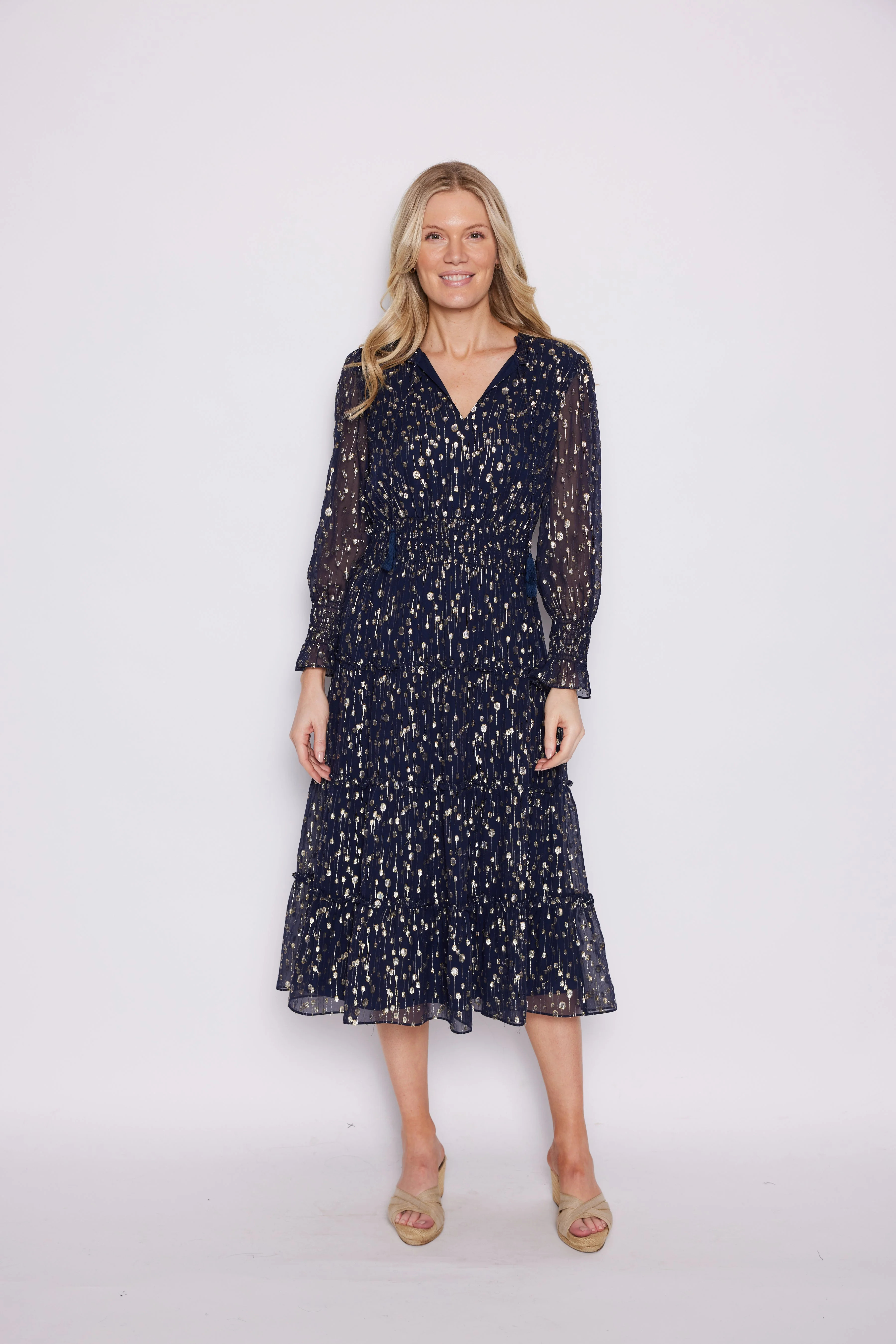 Navy Lurex Smocked Waist Midi Dress | Sail to Sable