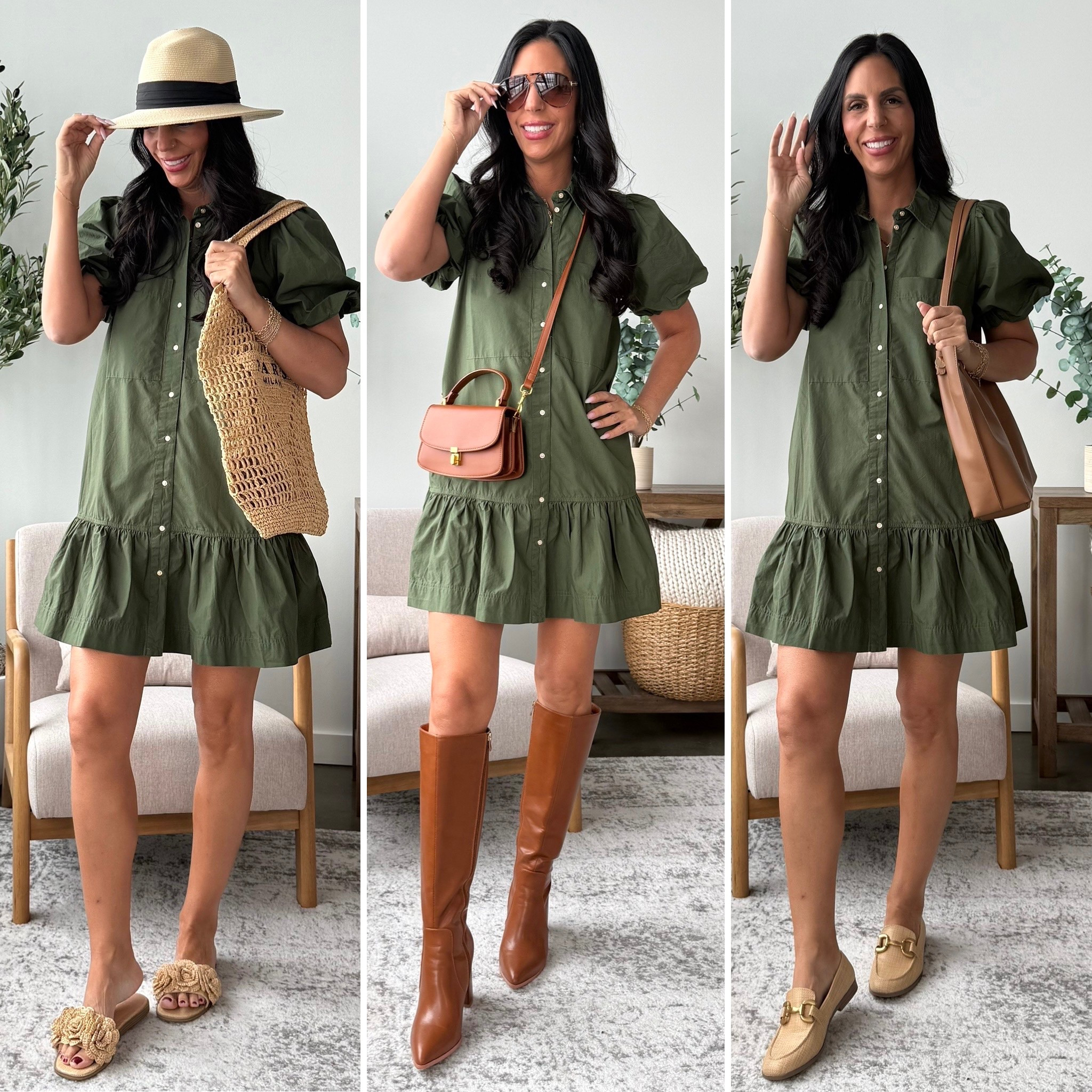 The perfect Green dress to wear so many different ways based on the weather. 
Wearing an xs 

One $32 Walmart ruffle dress styled 3 ways. Loves adding boots, loafers, or sandals. 
Dress- x-small 
Shoes are tts 

 #LTKFindsUnder50 #LTKU
#LTKShoeCrush #LTKWatchNow #LTKTravel