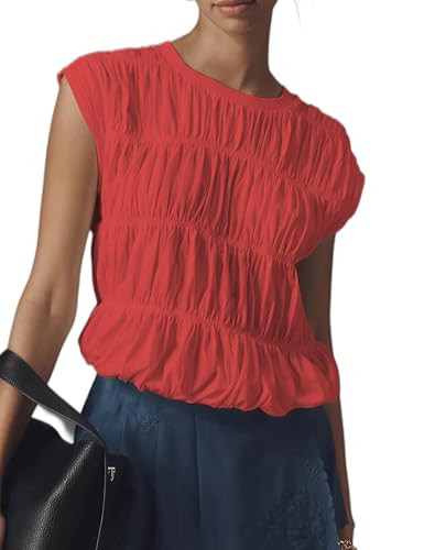 Bell Princess Womens Tiered Shirred Smocked Crop Tank Top Cap Sleeve Crew Neck Elastic Hem Y2K Going Out Blouse Shirt(0040-Red-S) | Amazon (US)