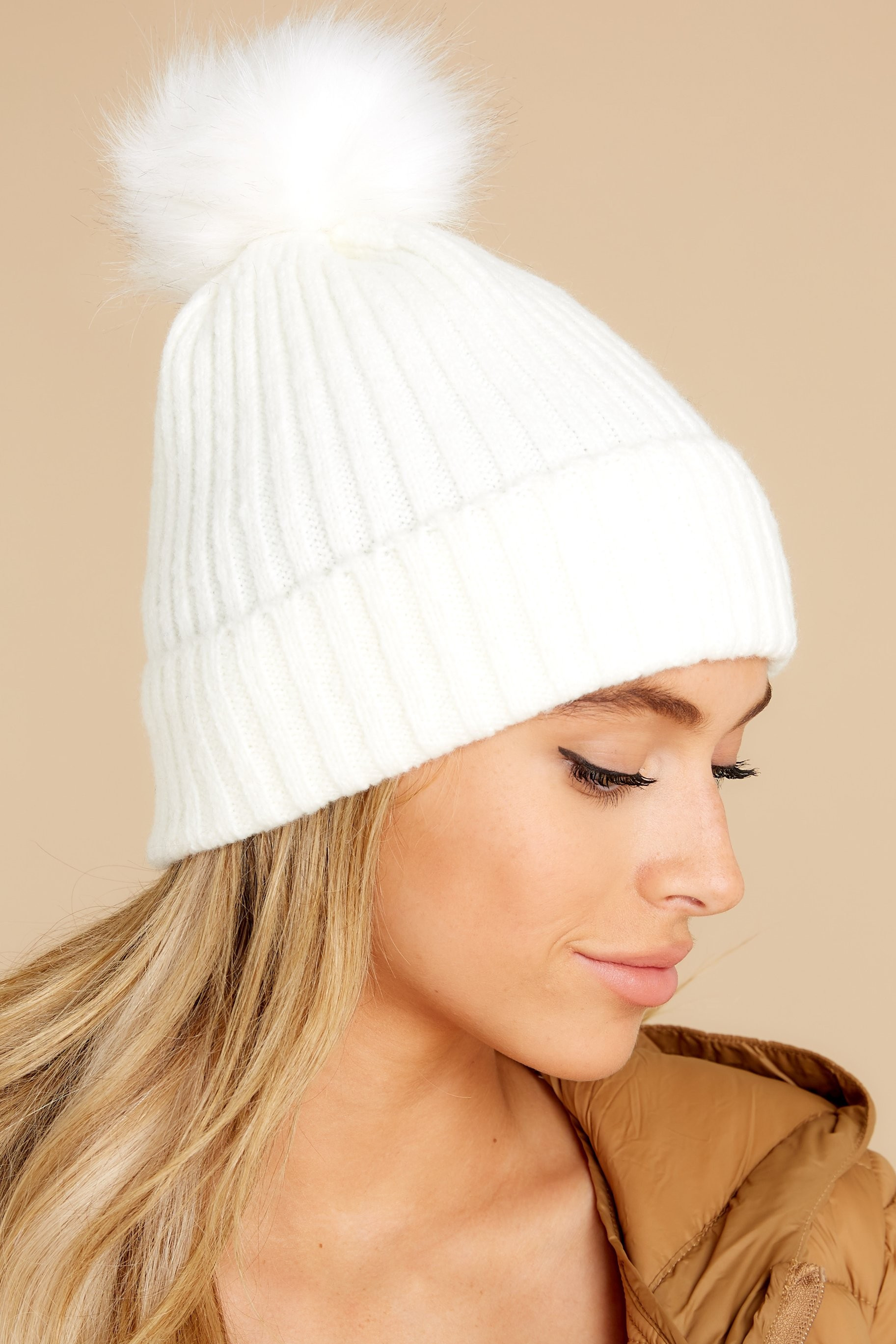 Settling Snowflakes White Pom Hat | Red Dress 