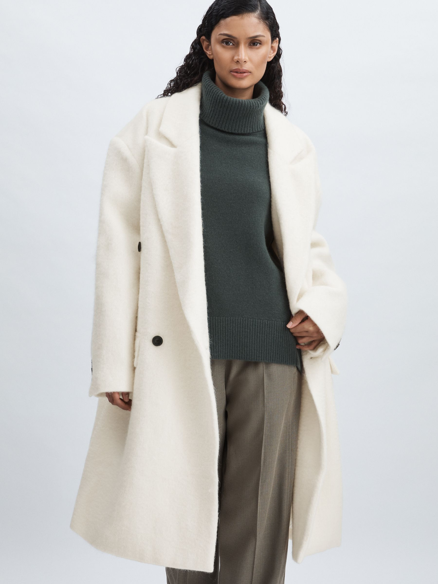 Meotine Double-Breasted Coat With Mohair in Cream | Reiss UK