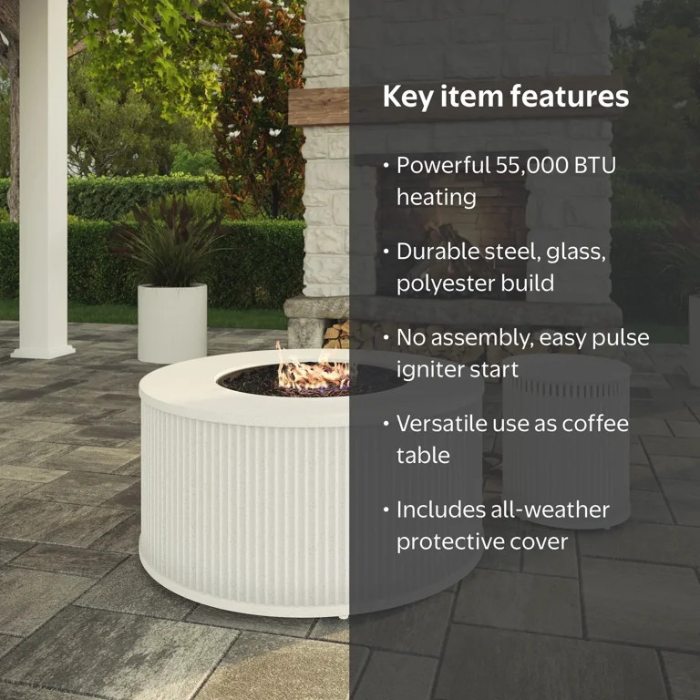 My Texas House 33" Round Fluted Faux Stone Finish Gas Fire Pit with Separate Tank Cover, White | Walmart (US)