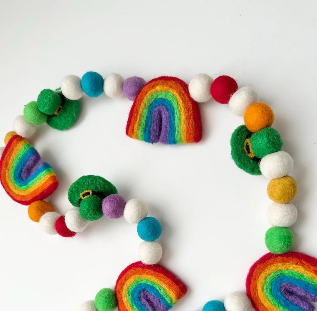 Customizable Rainbow & Leprechaun Hat Garland - Wool Felted St Patricks Day Felt Ball Mantel Bann... | Etsy (US)