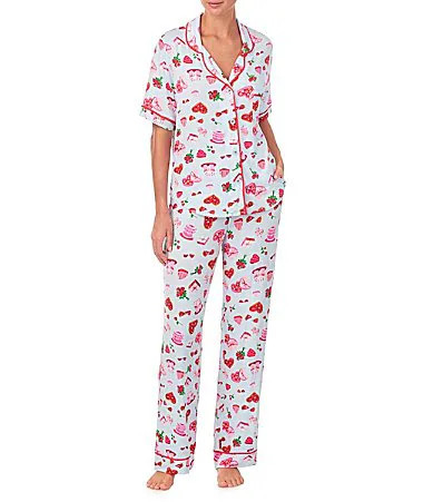 Room Service Soft Knit Novelty Print Short Sleeves Notch Collar Long Pants Pajama Set - S | Dillard's