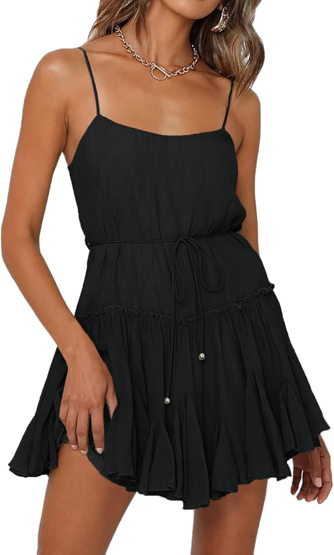 Onedreamer Women Summer Dress Spaghetti Strap Waist Tie Ruffle Mini A Line Flowy Tiered Short Dre... | Amazon (US)