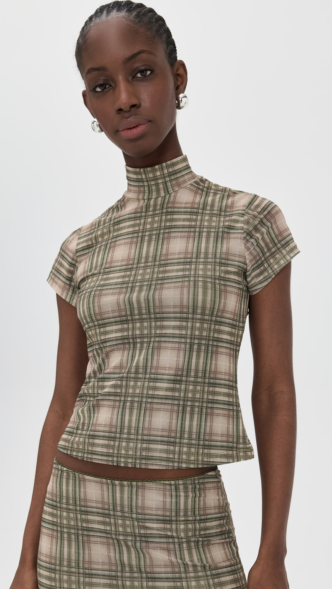 Plaid Mesh High Neck Top | Shopbop