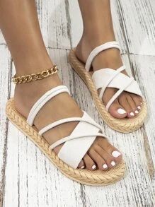 Women Criss Cross Flat Sandals, Vacation Faux Suede Slide Sandals For Beach SKU: sx23030192052882... | SHEIN