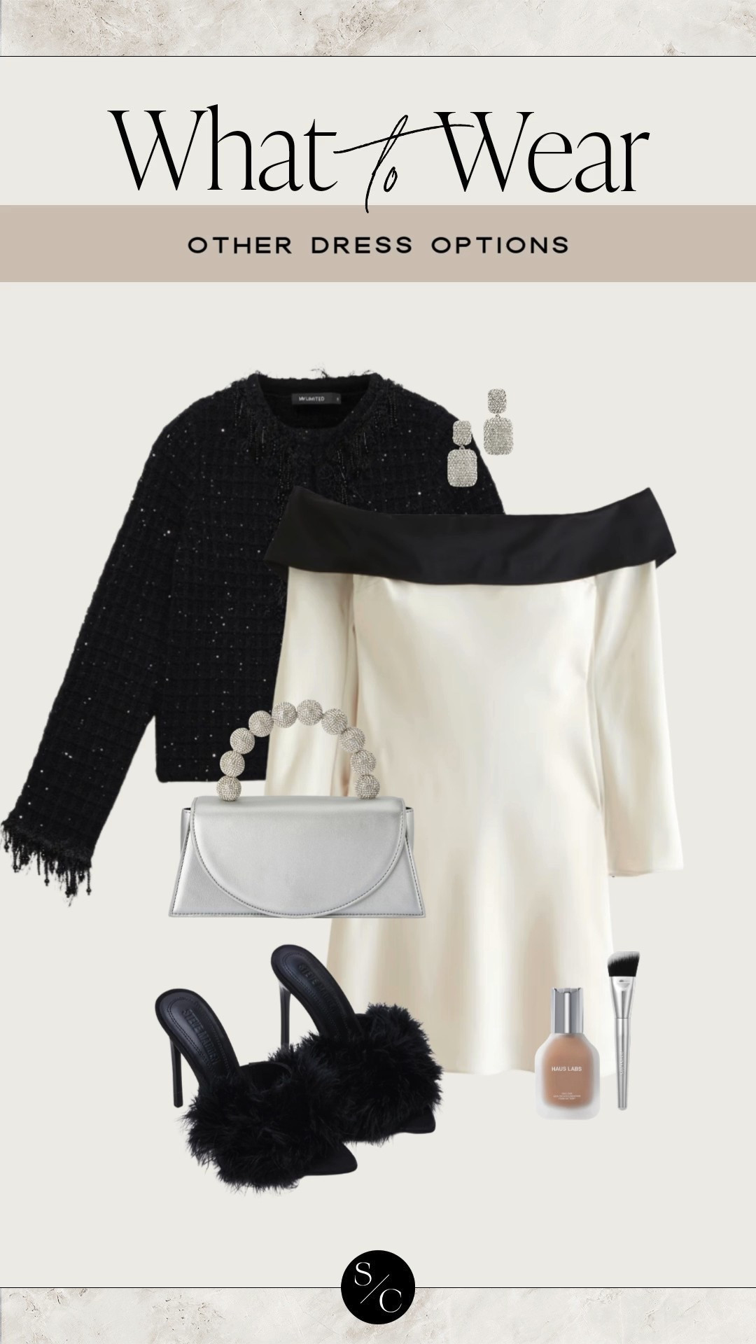 What to wear ✨🖤 Dress option for New Year’s! Off the shoulder satin dress, silver clutch, black tweed jacket, all completed with Haus Labs foundation. 

#LTKootd #LTKgrwm #LTKHoliday