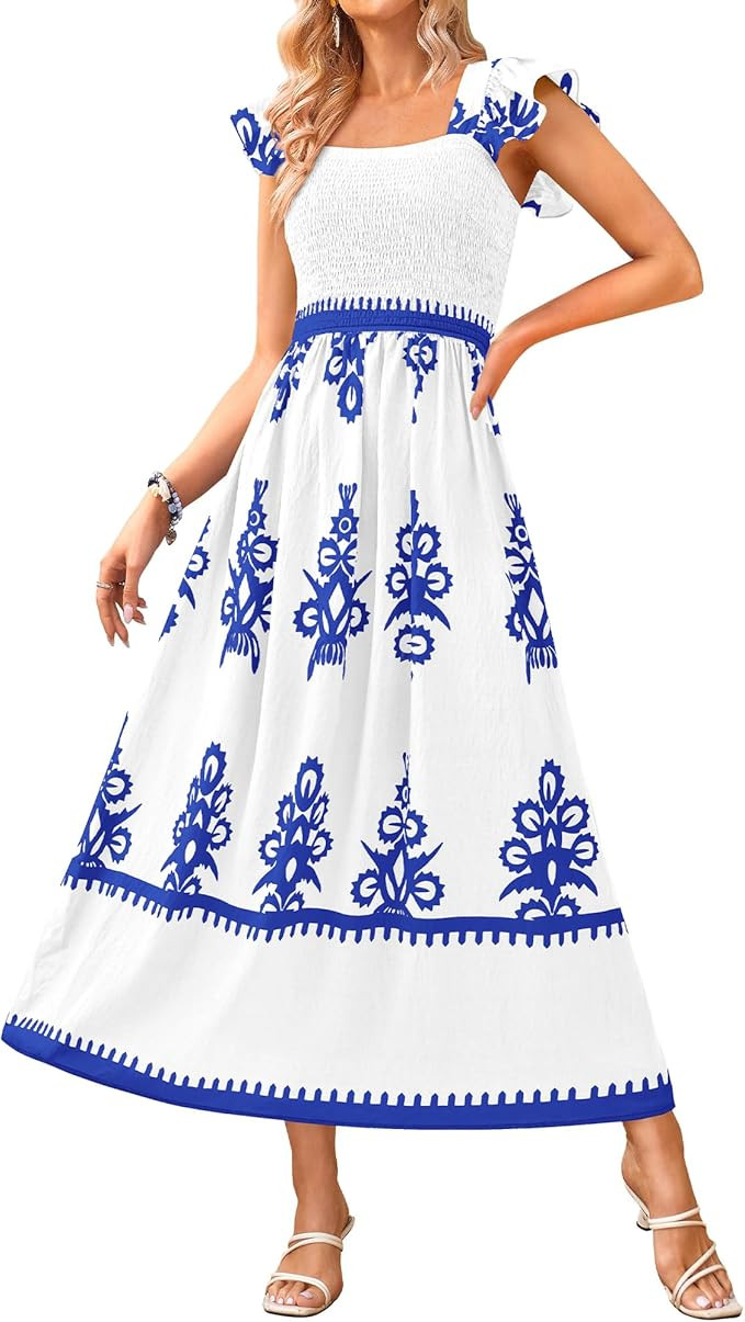 BTFBM Summer Dresses for Women 2026 Floral Smocked Boho Sleeveless Square Neck A Line Casual Beac... | Amazon (US)