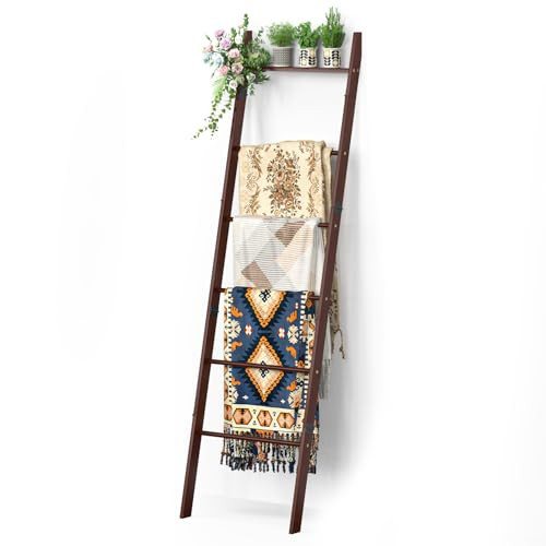 BAMBANG 6-Tier Blanket Ladder for Living Room, Blanket Quilt Ladder Rack Rustic Decorative Towel Holder, Wall Leaning Blanket Ladder Shelf Storage Farmhouse Decor for Bedroom Bathroom, Brown | Amazon (US)