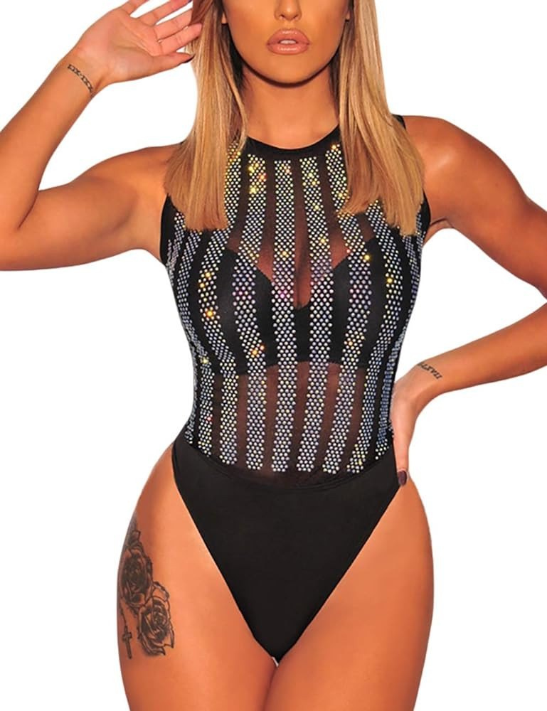 Lrady Women's Sheer Mesh Turtleneck Neck See Through Leotard Bodysuit Body Tops | Amazon (US)