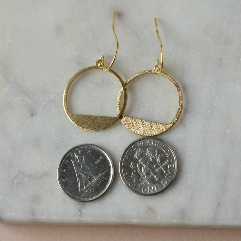 Round Gold Geometric Earrings, Minimalist Brass Earrings, Everyday Gold Jewelry, Shiny Dangle Ear... | Etsy (US)