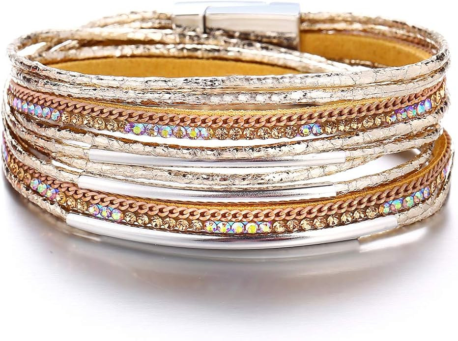 Gold Multilayer Leather Wrap Bracelet Handmade Crystal Cuff Bangle Alloy Magnet Buckle Bracelets ... | Amazon (US)
