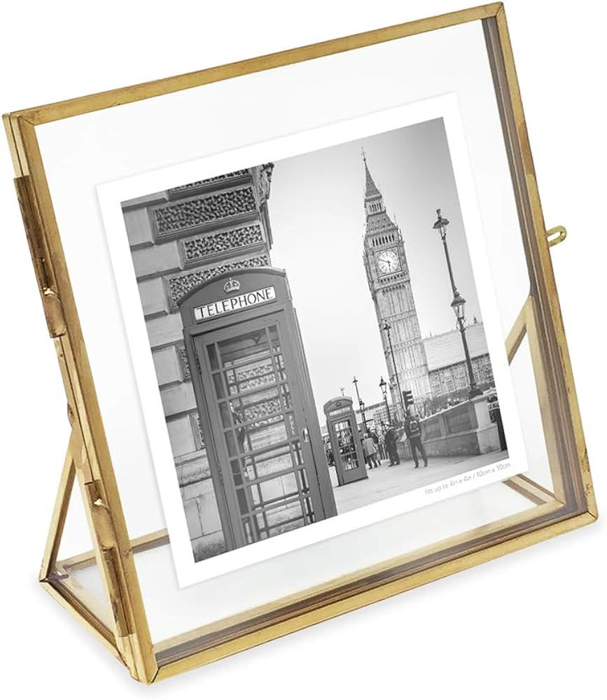 Isaac Jacobs 4x4, Antique Gold, Vintage Style Brass and Glass, Floating Photo Frame, Metal, with ... | Amazon (US)