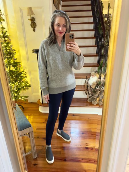 Cozy day working from home! Leggings are old from Chico’s. I’ve linked 2 other options that I own and love.The sweater was a fabulous Amazon find from last year. Still available. Runs large. I’m wearing a small. 

Gray sweater | collar sweater | slip on sneakers | navy leggings  

#LTKsalealert #LTKover40 #LTKstyletip