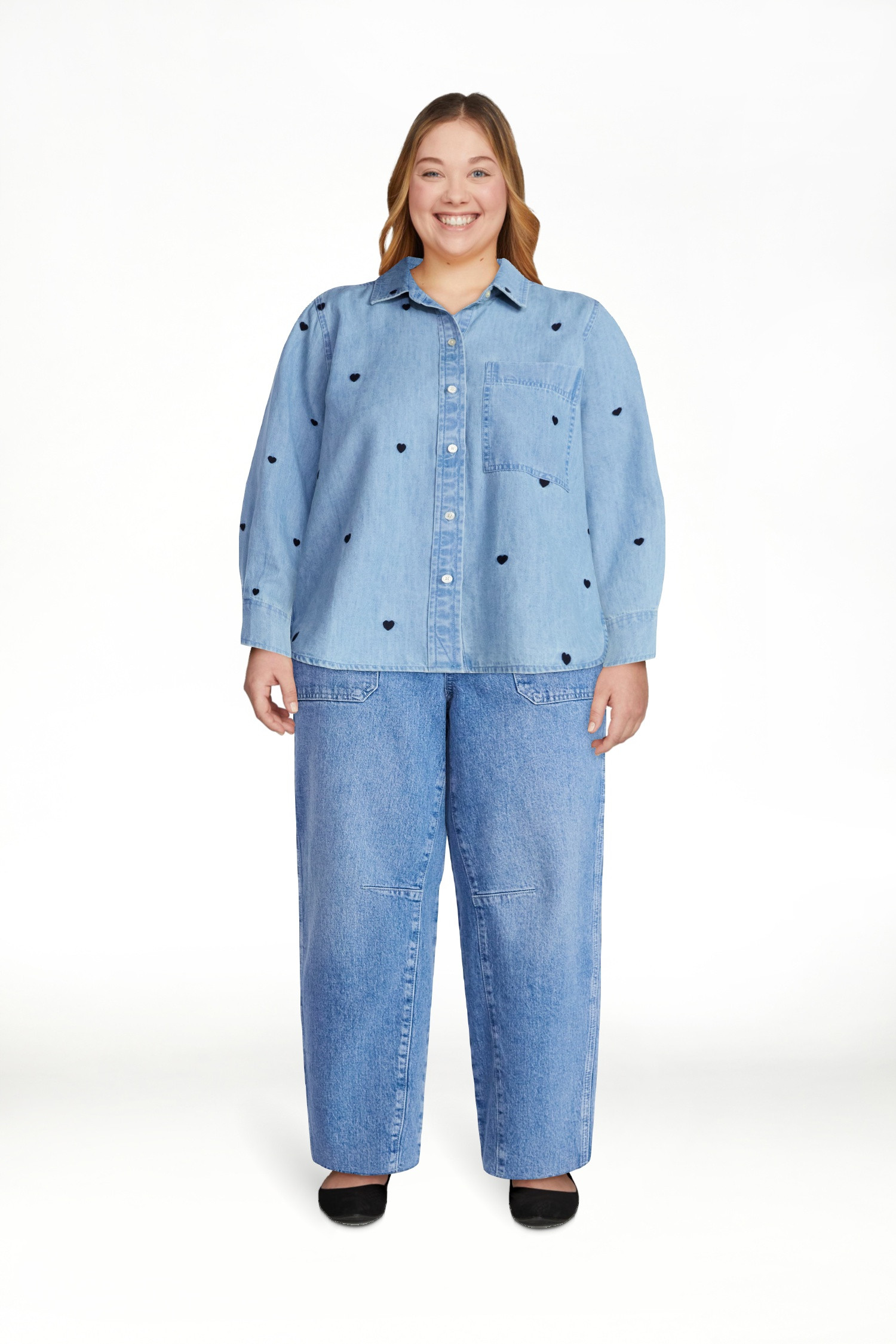 Free Assembly Women's and Women’s Plus Embroidered Hearts Denim Shirt with Long Sleeves, Sizes ... | Walmart (US)