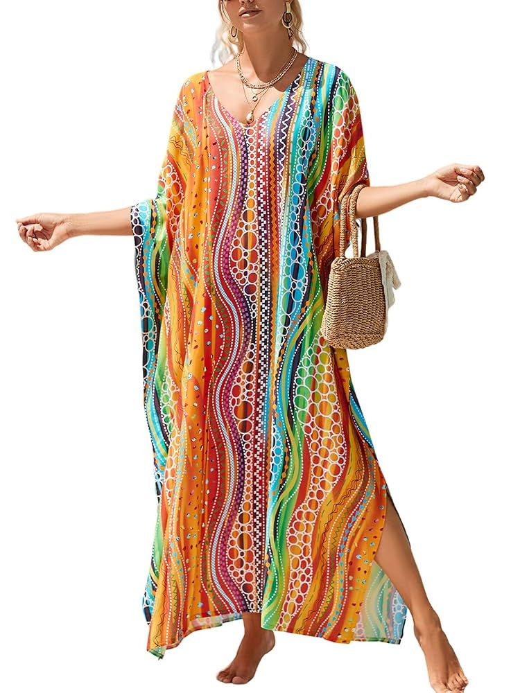 Kaftan Dresses for Women Plus Size Bathing Suit Cover up Vneck Batwing Dress Loose fit Moroccan C... | Amazon (US)
