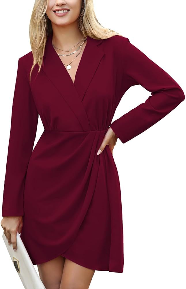 Women's Long Sleeve Wrap V Neck Bodycon Mini Dress Ruched Teacher Work Dress Wedding Elegant Club... | Amazon (US)