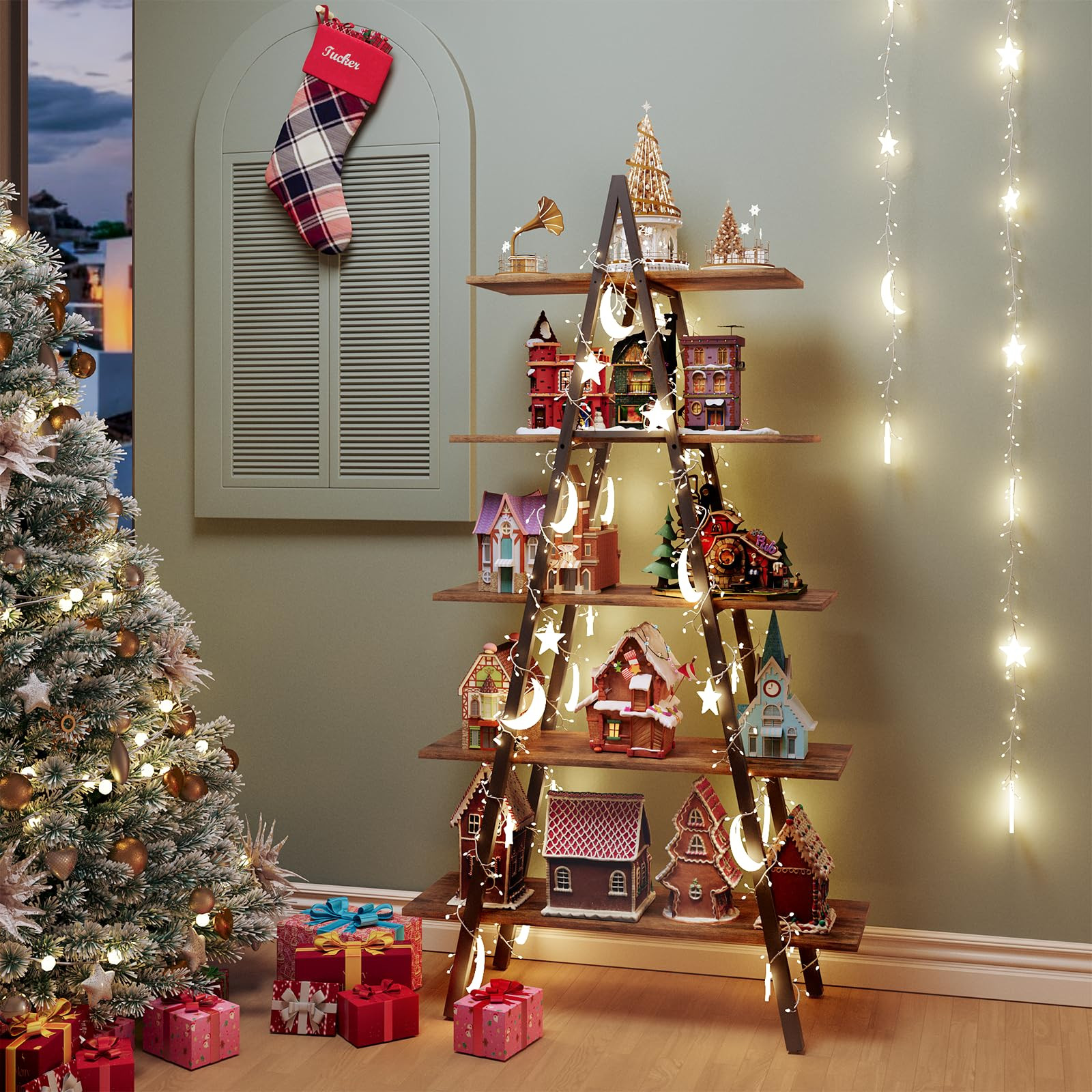 YOUDENOVA 5-Tier Ladder Bookshelf, Industrial A-Shaped Bookcase, Christmas Village Display Stand,... | Amazon (US)