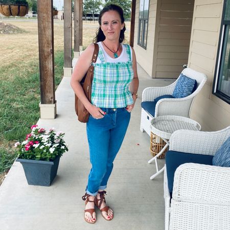 Smocked peplum tank + cuffed skinny jeans. Italian leather, strappy sandals: “Grear” style in Saddle Vachetta, by Sarah Flint NY. Brown leather tote, Etsy. Easy chic summer outfit - mom style! 

#LTKSeasonal #LTKunder50 #LTKFind