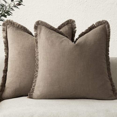 Foindtower Set of 2 Decorative Linen Fringe Throw Pillow Covers Cozy Boho Farmhouse Cushion Cover with Tassels Soft Accent Pillowcase for Couch Sofa Bed Living Room Home Decor,18×18 Inch,Light Brown | Amazon (US)