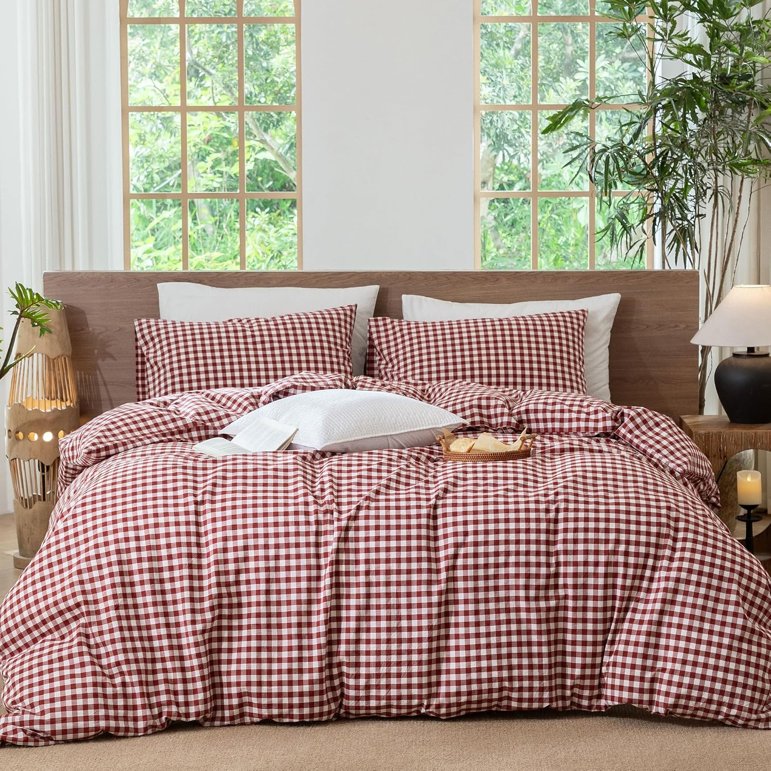 MooMee Gingham Duvet Cover Set 100% Washed Cotton Linen Like Queen | Amazon (US)